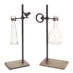 Stem Vase w/Stand (Set of 2) 14"-14.5"H Metal/Glass