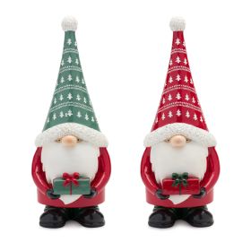 2Pc Cheerful Gnome W- Red & Green Hats, Holding Gifts 12"H Festive Charm Resin