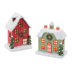 LED House (Set of 2) 5.75"H, 6"H Resin 2 AA Batteries, Not Included