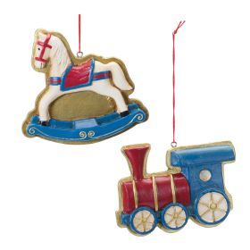 Rocking Horse and Train Ornament (Set of 12) 3.75"L x 3.5"H, 4"L x 2.75"H Paper/Plaster