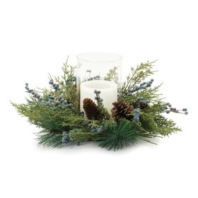 Mixed Pine Candle Holder w/Glass 19"D x 8"H Plastic/Glass