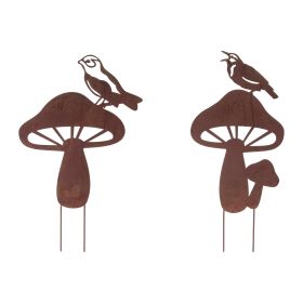 Bird & Mushroom Stake (Set of 2) 19"H, 19.5"H Iron