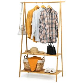 Garment Clothes Hanging Rack with 2 Bottom Storage Shelves Entryway or Bedroom Wood