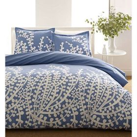 Full / Queen 100-Percent Cotton 3-Piece Comforter Set, Blue White Floral Branch Pattern