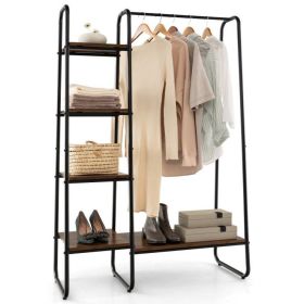 Garment Rack Clothes Hanging Bar with Storage Shelves Industrial Wood Metal