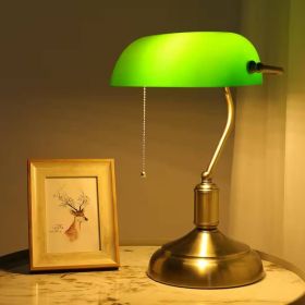 Antique Brass Bankers Desk Light Table Lamp with Green Glass Shade