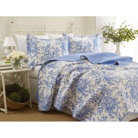 King size 100-Percent Cotton Quilt Bedspread Set, Blue White Floral Leaves Pattern