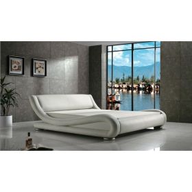 Queen Modern White Upholstered Platform Bed W- Sleek Curved Sides & Headboard