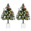 HOMCOM 2ft 2-Pack Outdoor Entryway Pre-Lit Artificial Christmas Tree Cordless with 70 Branches, LED lights, Red Berries, Pine Cones & Balls, Green