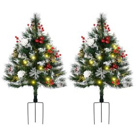 HOMCOM 2ft 2-Pack Outdoor Entryway Pre-Lit Artificial Christmas Tree Cordless with 70 Branches, LED lights, Red Berries, Pine Cones & Balls, Green