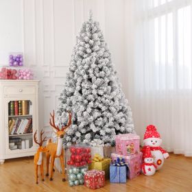 7 FT Pre-lit Snow Flocked Christmas Tree, Artificial Hinged Xmas Pine Tree with 1000 Branch Tips