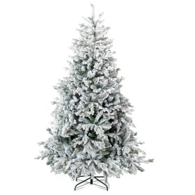 7 FT Pre-lit Snow Flocked Christmas Tree, Artificial Hinged Xmas Pine Tree with 1100 Branch Tips, 400 Lights for Holiday Party Office Home