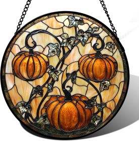 Stained Glass Window Hanging - Halloween Decoration Orange Pumpkin Vine Leaves Suncatcher for Door Garden Spooky Sun Catchers Gothic Decor Horror Gift