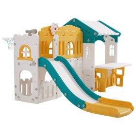 Outdoor Playhouse, Versatile Toddler Playground with Slide, Basketball, Telescope, Steering Wheel, Crawling Tunnel, Sales Window