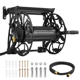 Wall Mounted Garden Hose Reel, Holds 135 Feet of 5/8-inch Hose, Outdoor Heavy-Duty Waterhose Holder Winder, with Widened Top Tray, Aluminum Alloy Con
