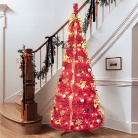 6FT Red Pop-Up Christmas Tree with 150 Warm White LED Lights, Ornaments Included â€“ 4 Ribbons, Bow, Flowers, Snowflakes, Pine Cones & Balls â€“ Easy