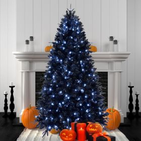 8ft Black Christmas Tree with 600 White LED Lights, 2486 Tips PE+PVC Artificial Tree for Halloween & Holiday Decor, Hinged Structure with Stable Metal