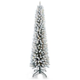 7FT Flocked Pencil Christmas Tree with 200 Warm White LED Lights â€“ Slim Snowy PVC Tree with 469 Tips, Metal Stand, Space-Saving Design, Easy to Set
