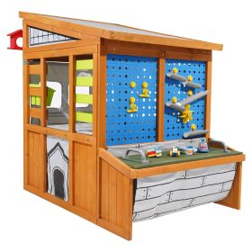 Outdoor Playhouse, Cedar Wooden Kids Playhouse with Bird Nest, Doorbell, Trash Bin, Gravity Wall Set, Storage Pocket, Windowsill
