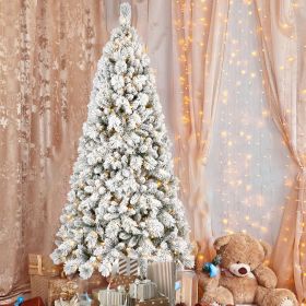 7FT Flocked Christmas Tree with 450 Warm White LED Lights â€“ 1060 Tips, Snowy PVC & Hard Needle Branches, Hinged Design for Easy Setup, Sturdy Metal