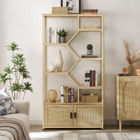 Stylish Bohemian 7 Tier Display Shelf, Bookcase, Rattan Storage Cabinet for Living Room Home Office