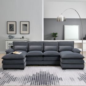 Modern U-shaped Sectional Sofa with Waist Pillows,6-seat Upholstered Symmetrical Sofa Furniture