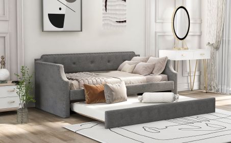 Upholstered Daybed with Trundle; Wood Slat Support; Upholstered Frame Sofa Bed ; Twin