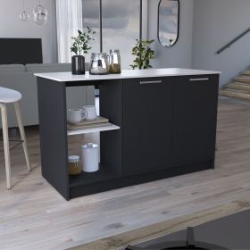 Modern Design Juniper Kitchen Island- Large Ibiza Marble Countertop, Double Door Cabinet, and Open Shelves Black
