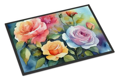 New Rose Watercolor Mat Indoor - Outdoor Rug, Entryway, Non Slip, Washable Low Pile, 18H X 27W