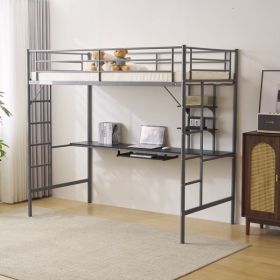 Twin Size Metal Loft Bed with Desk and Storage Shelves, 2 Built-in Ladders & Full-Length Guardrails, Loft Bed Frame for Teens Juniors Adults, Noise F