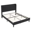 Queen Size Velvet Bed Frame with Charging Station and Storage Shelf, Upholstered Platform Bed with Vertical Channel Tufted Wingback Headboard, No Box