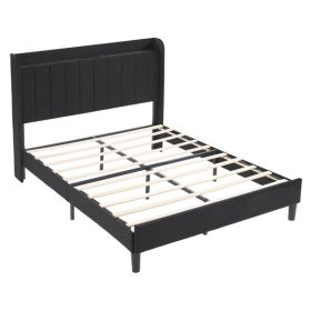 Queen Size Velvet Bed Frame with Charging Station and Storage Shelf, Upholstered Platform Bed with Vertical Channel Tufted Wingback Headboard, No Box