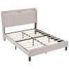 Full Size Velvet Bed Frame with Charging Station and Storage Shelf, Upholstered Platform Bed with Vertical Channel Tufted Wingback Headboard, No Box