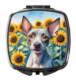 American Hairless Terrier in Sunflowers Compact Mirror Decorative Travel Makeup Mirror for Women Girls Gifts Pocket Makeup Mirror Folding Handheld