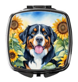 Bernese Mountain Dog in Sunflowers Compact Mirror Decorative Travel Makeup Mirror for Women Girls Gifts Pocket Makeup Mirror Folding Handheld