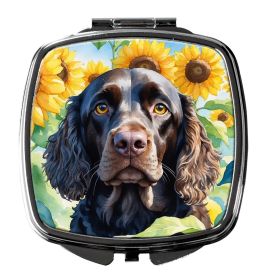 American Water Spaniel in Sunflowers Compact Mirror Decorative Travel Makeup Mirror for Women Girls Gifts Pocket Makeup Mirror Folding Handheld