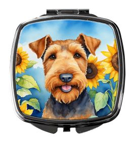 Airedale Terrier in Sunflowers Compact Mirror Decorative Travel Makeup Mirror for Women Girls Gifts Pocket Makeup Mirror Folding Handheld