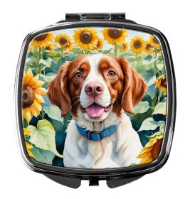 Brittany Spaniel in Sunflowers Compact Mirror Decorative Travel Makeup Mirror for Women Girls Gifts Pocket Makeup Mirror Folding Handheld