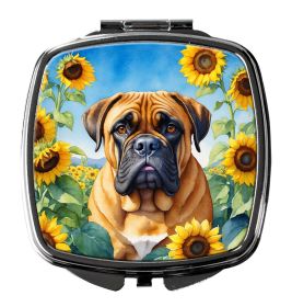 Bullmastiff in Sunflowers Compact Mirror Decorative Travel Makeup Mirror for Women Girls Gifts Pocket Makeup Mirror Folding Handheld