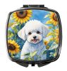 Bichon Frise in Sunflowers Compact Mirror Decorative Travel Makeup Mirror for Women Girls Gifts Pocket Makeup Mirror Folding Handheld