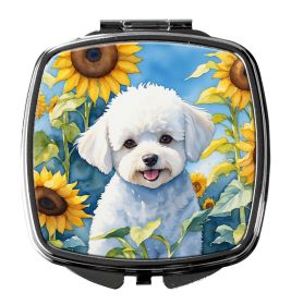 Bichon Frise in Sunflowers Compact Mirror Decorative Travel Makeup Mirror for Women Girls Gifts Pocket Makeup Mirror Folding Handheld