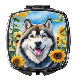 Alaskan Malamute in Sunflowers Compact Mirror Decorative Travel Makeup Mirror for Women Girls Gifts Pocket Makeup Mirror Folding Handheld