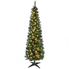 HOMCOM 6' Tall Pre-Lit Slim Noble Fir Artificial Pencil Christmas Tree with 200 Warm White LED Lights and 390 Tips, for Christmas Decoration, Green
