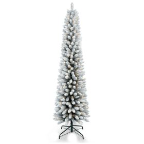 Artificial 5ft Flocked pencil Christmas Tree with 263 PVC Branch Tips, 100L Warm white led, Foldable Base for Indoor Holiday Decorating