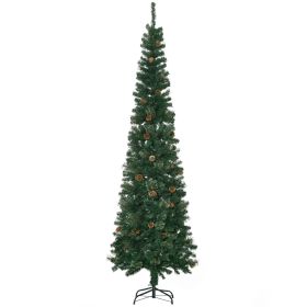 7.5 Foot Pencil Artificial Christmas Tree, Slim Pine Needles Xmas Tree with Realistic Branches, Pine Cones, Metal Base, Green