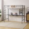 Twin Size Metal Loft Bed with Desk and Storage Shelves, 2 Built-in Ladders & Full-Length Guardrails, Loft Bed Frame for Teens Juniors Adults, Noise F