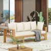 Outdoor Extendable Acacia Wood 3 Seater Sofa, Upholstered Cushion Couch, Daybed Sofa Chair, Spacious Seating Lounge Chair