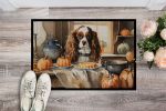 NEW Cavalier Spaniel Fall Kitchen Pumpkins Doormat Front Door Mat Indoor Outdoor Rugs for Entryway, Non Slip Washable Low Pile, 18H X 27W