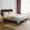 Queen Size Velvet Bed Frame with Charging Station and Storage Shelf, Upholstered Platform Bed with Vertical Channel Tufted Wingback Headboard, No Box