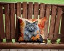 Nebelung Cat in Fall Leaves Decorative Pillow Machine Washable, Indoor Outdoor for Couch Bed or Patio 14Hx14W